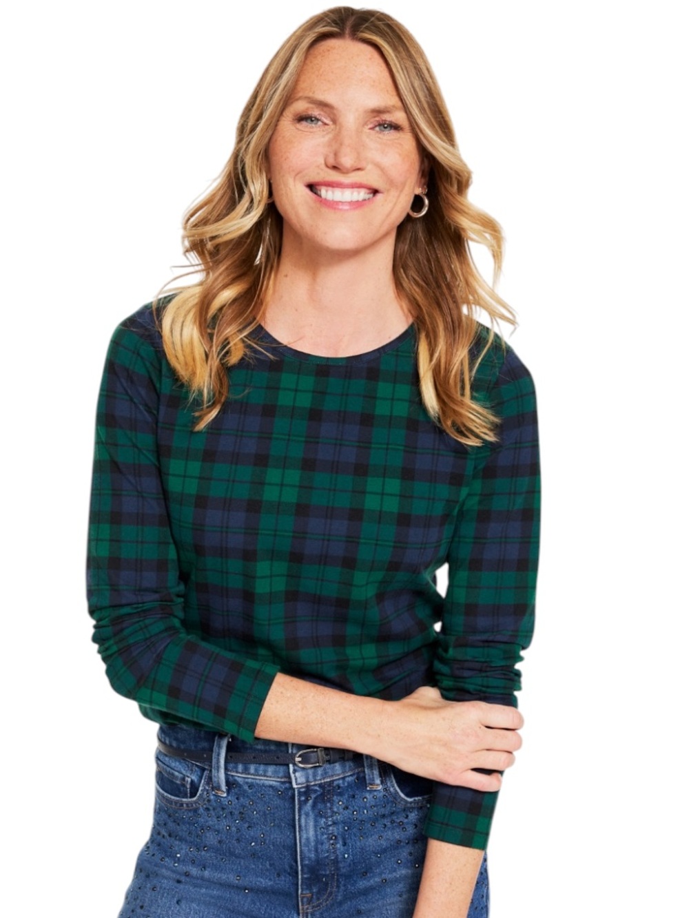 NWT Talbots Black Watch Tartan Plaid Crewneck Long Sleeve Tee Navy Green L
EE